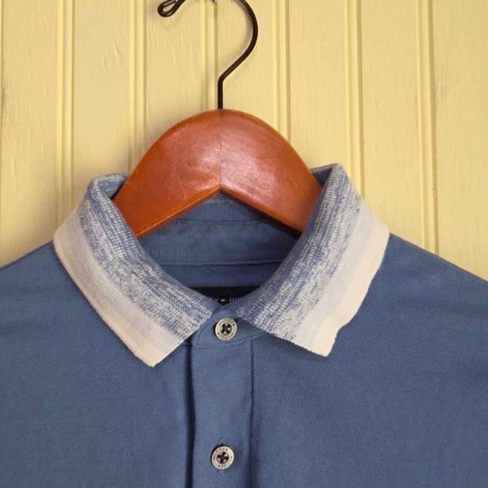 Tommy Hilfiger Polo Shirt Mens XS Blue Solid Contrast Collar Knit Logo Top‎